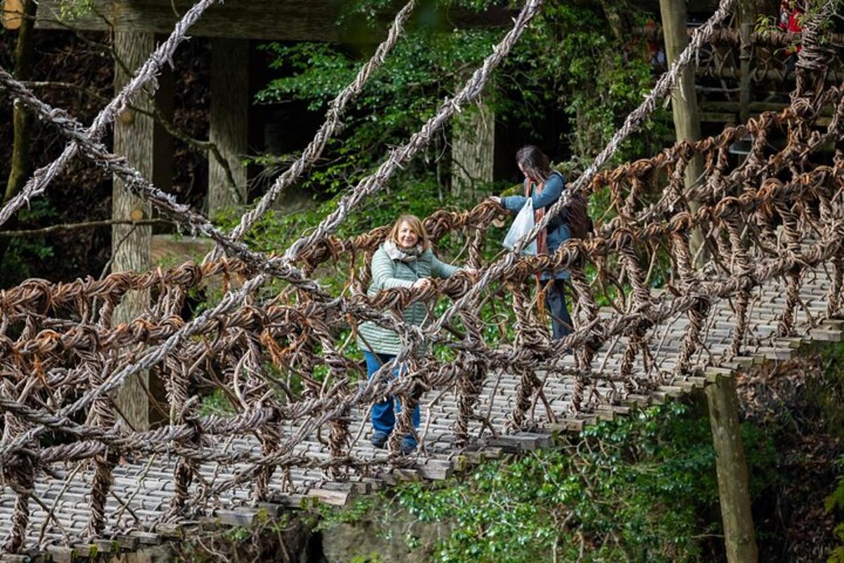 a couple of people crossing a rope bridge