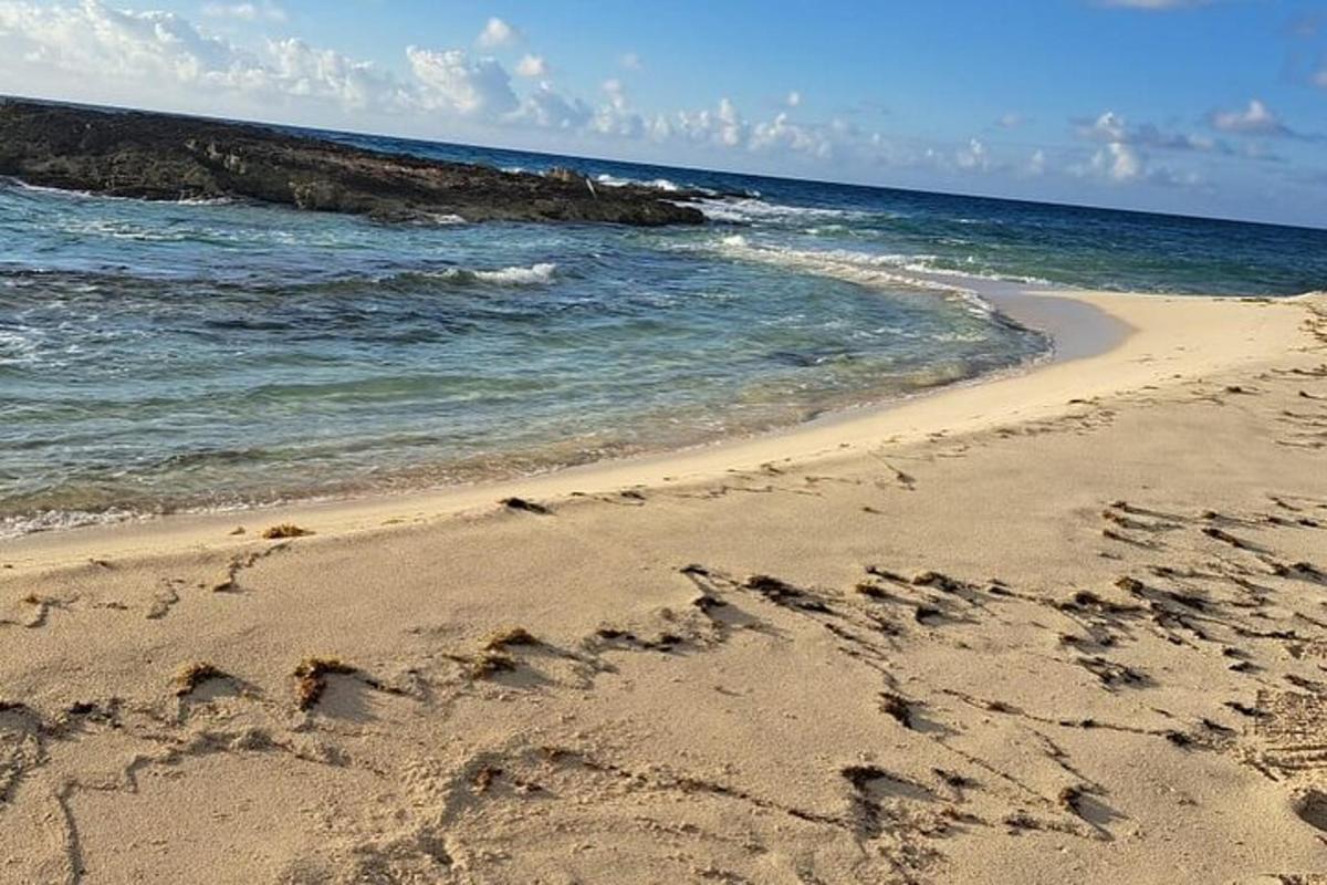 una playa de arena con el océano al fondo