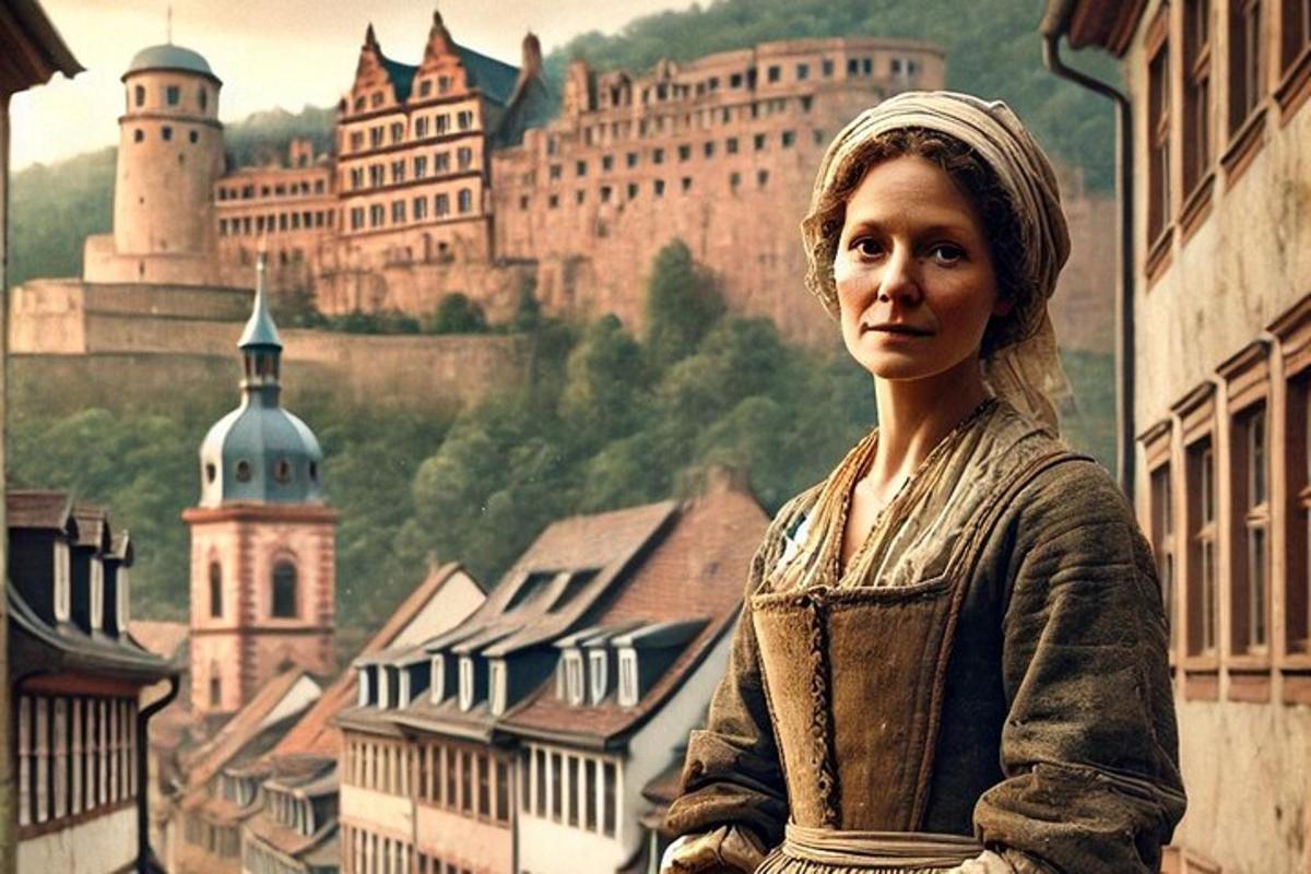 a woman standing in front of a picture of a castle