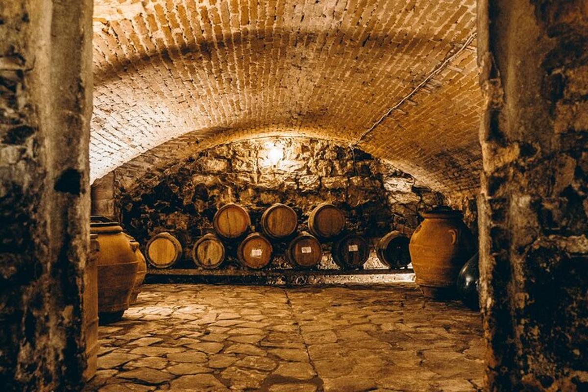 Un túnel con un montón de barriles de vino