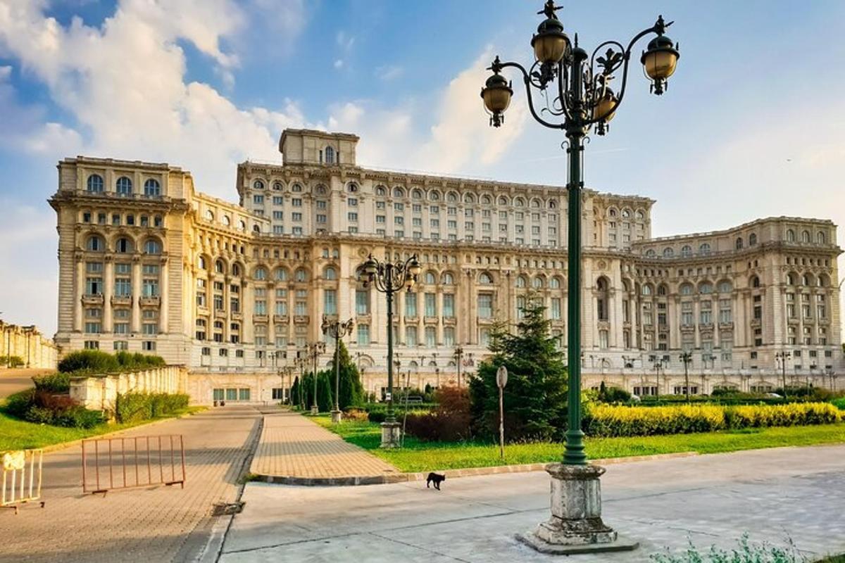 a large building with a street light in front of it