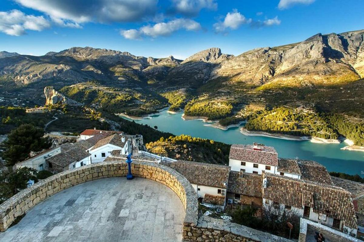 a view of a river and a mountain