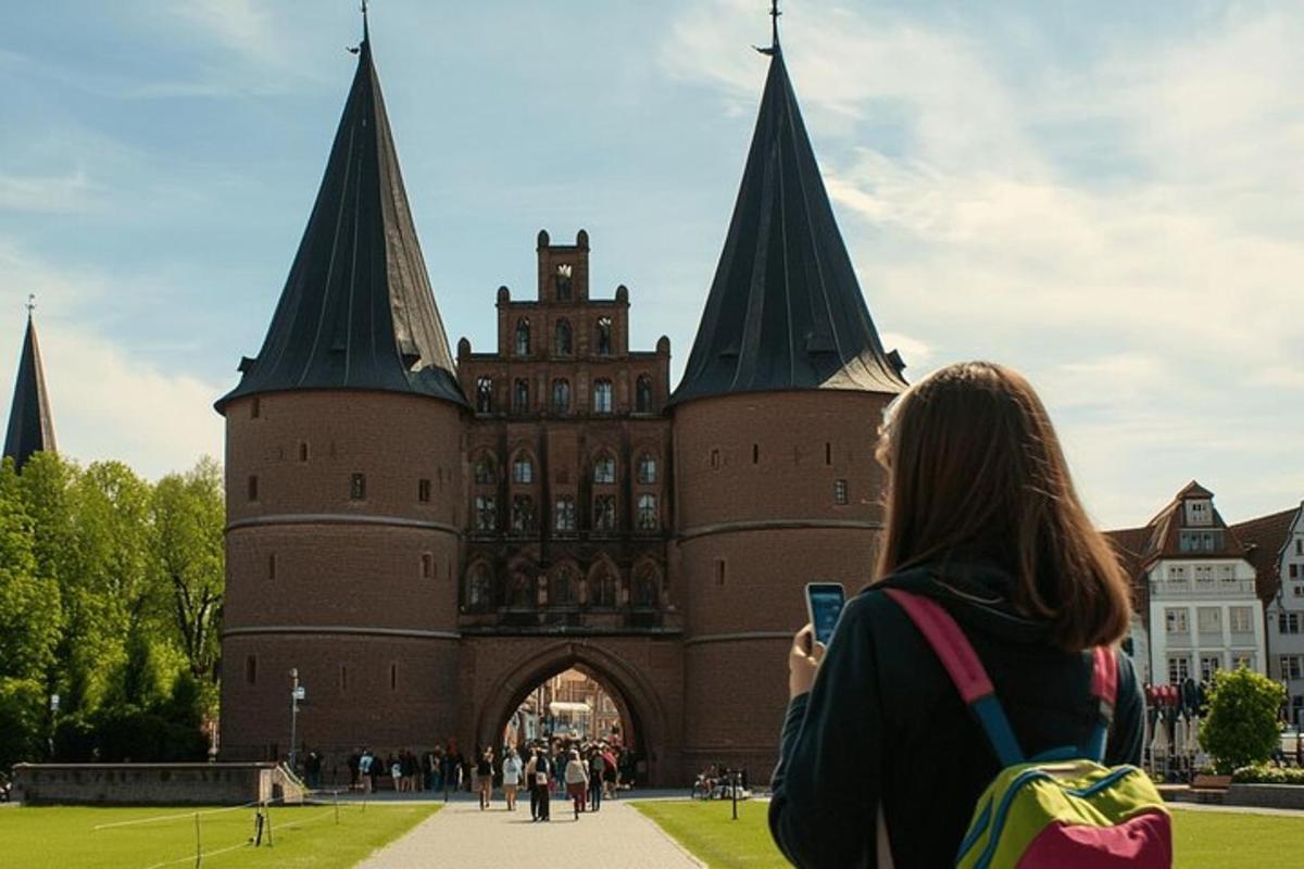 eine Frau steht vor einem Schloss