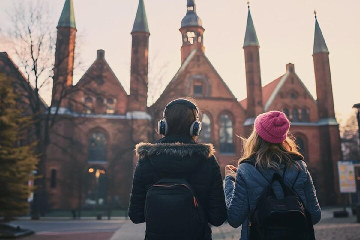 zwei Frauen gehen vor einem alten Gebäude
