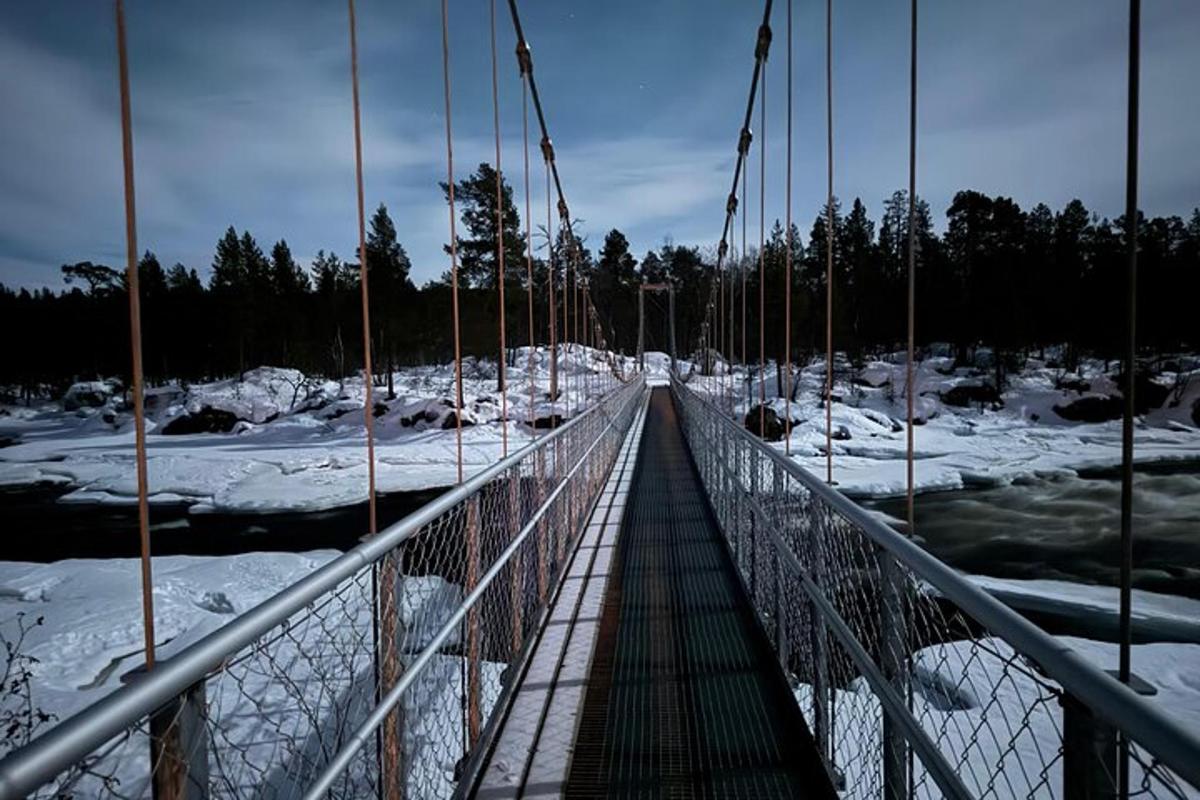 a suspension bridge over a river in the snow