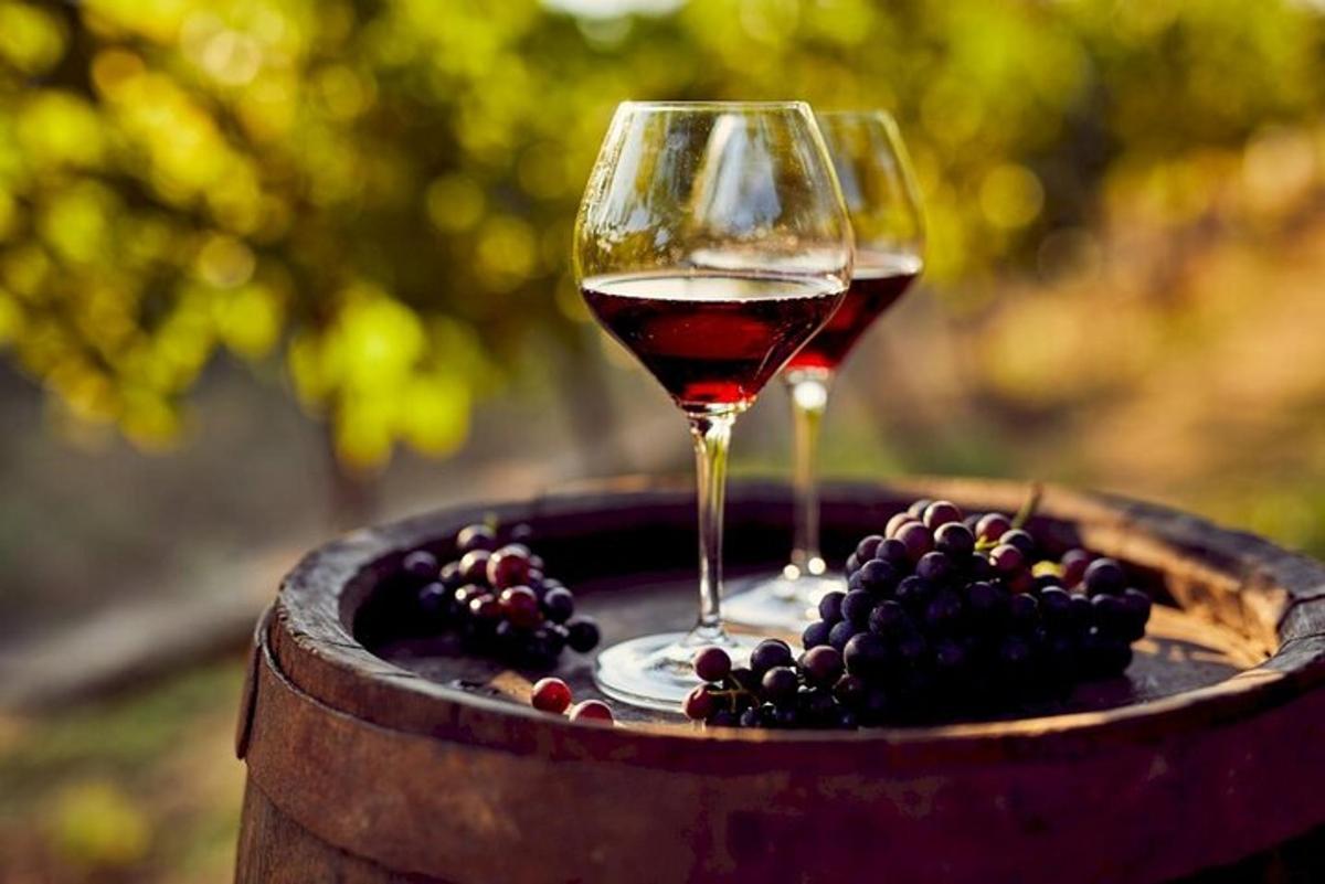 un pahar de vin și struguri pe un butoi