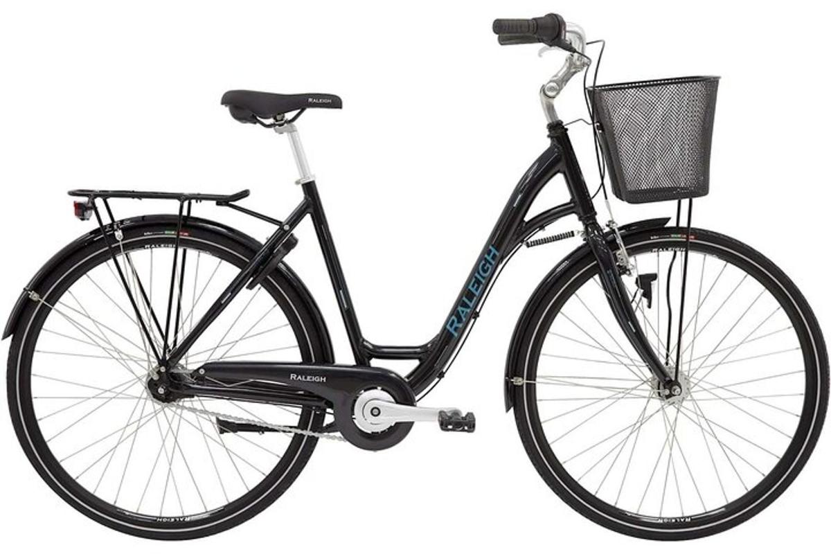 a black bike with a basket on it