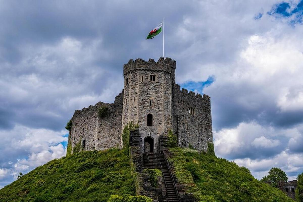 a castle with a flag on top of a hill
