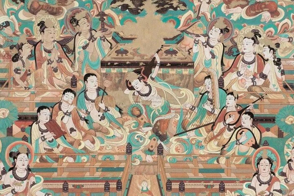 a painting of a group of people on a wall