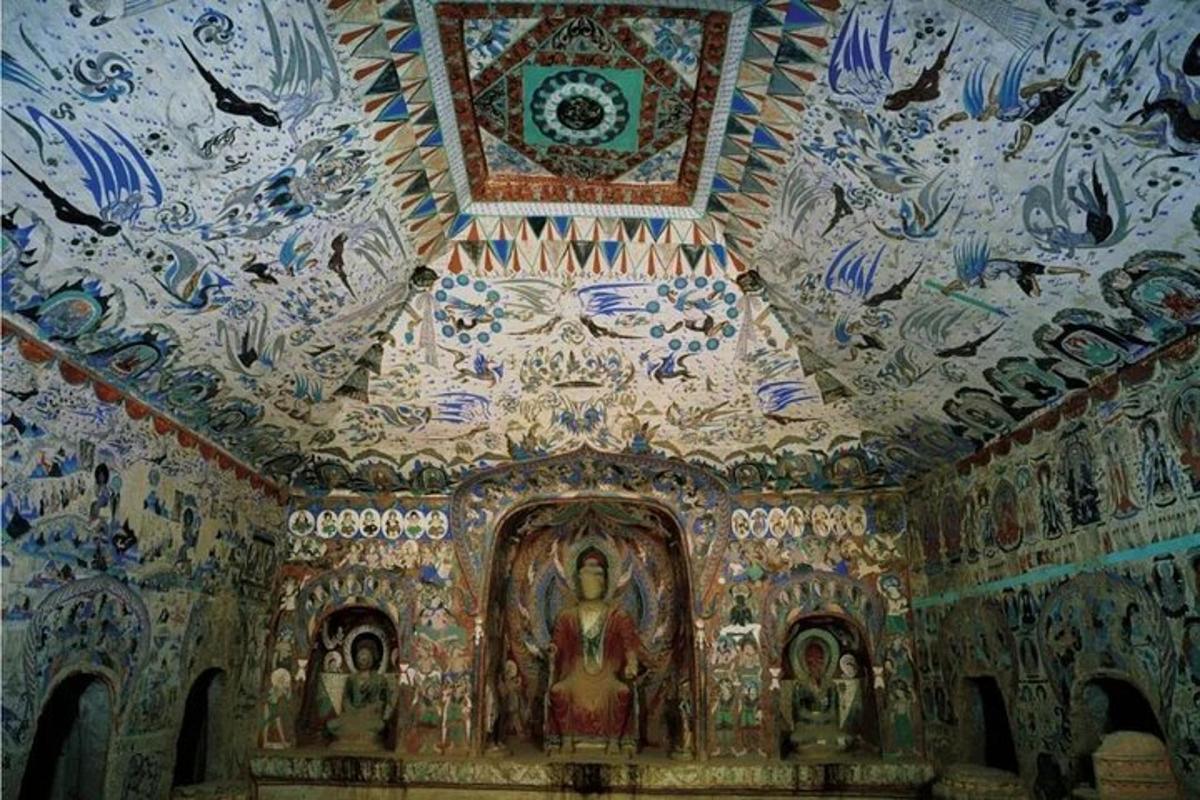 a room with a painting on the ceiling of a church