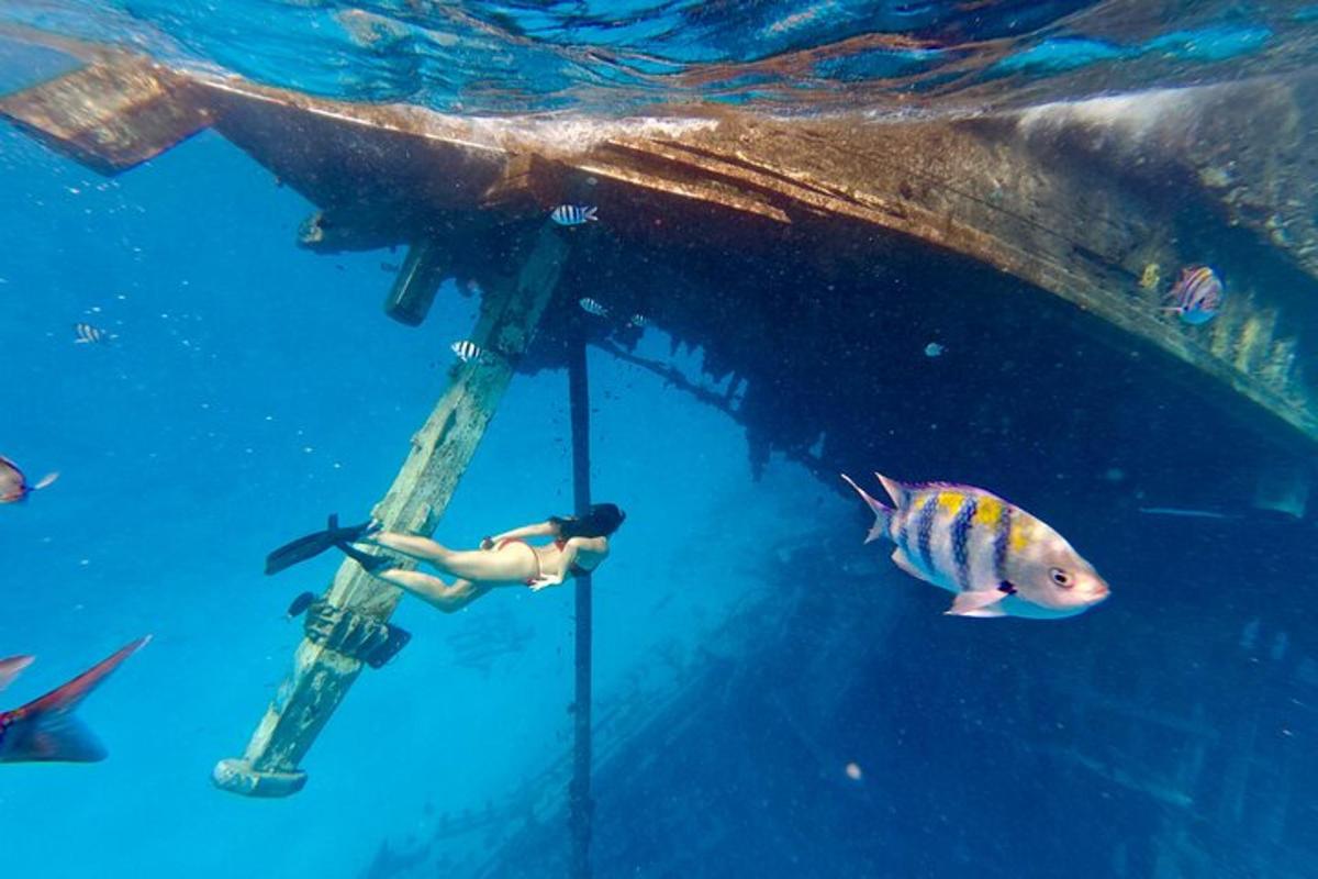 a person floating in the water next to a fish