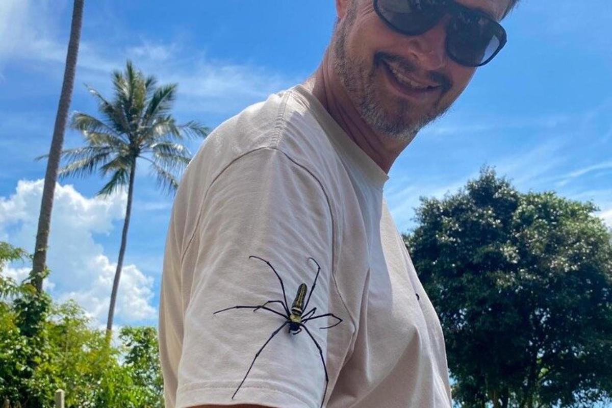 a man wearing a shirt with a spider on it