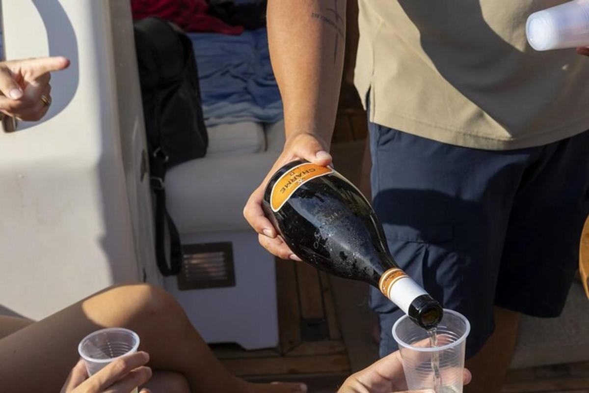 a person pouring a bottle of wine into two glasses