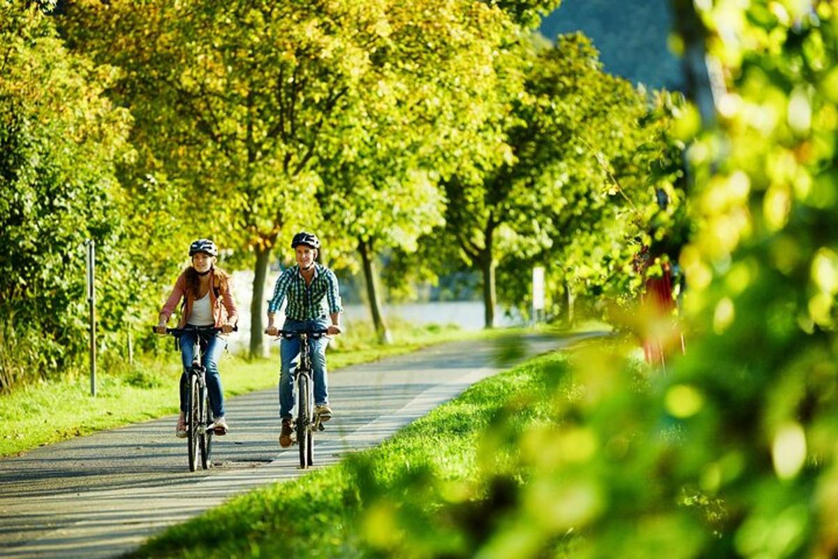 two people riding bikes down a path with trees