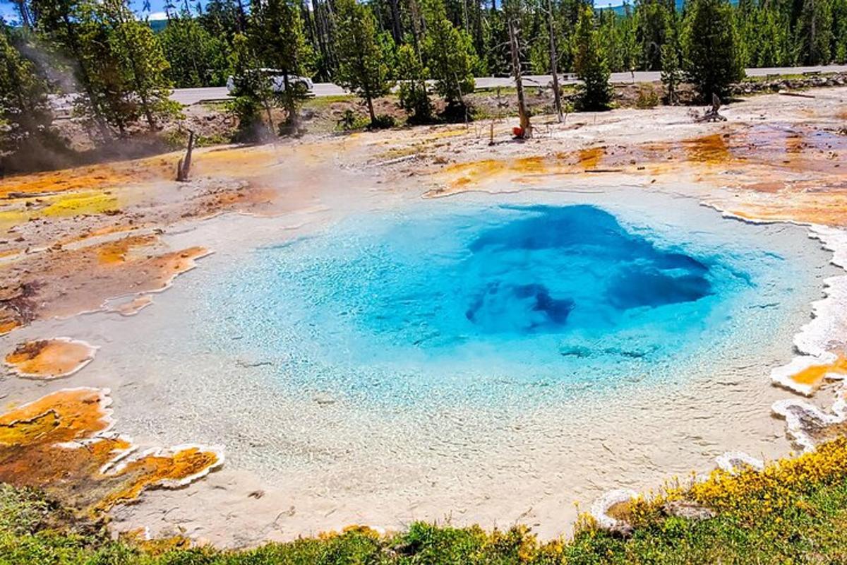 una pozza d'acqua blu in mezzo a un campo