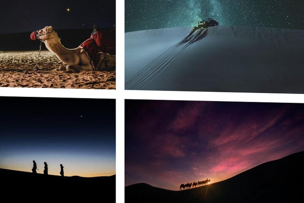 four pictures of a desert with a camel and people