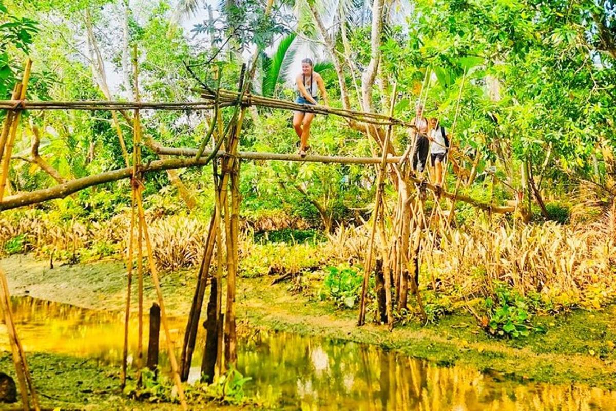 two people walking on a bamboo bridge over a river