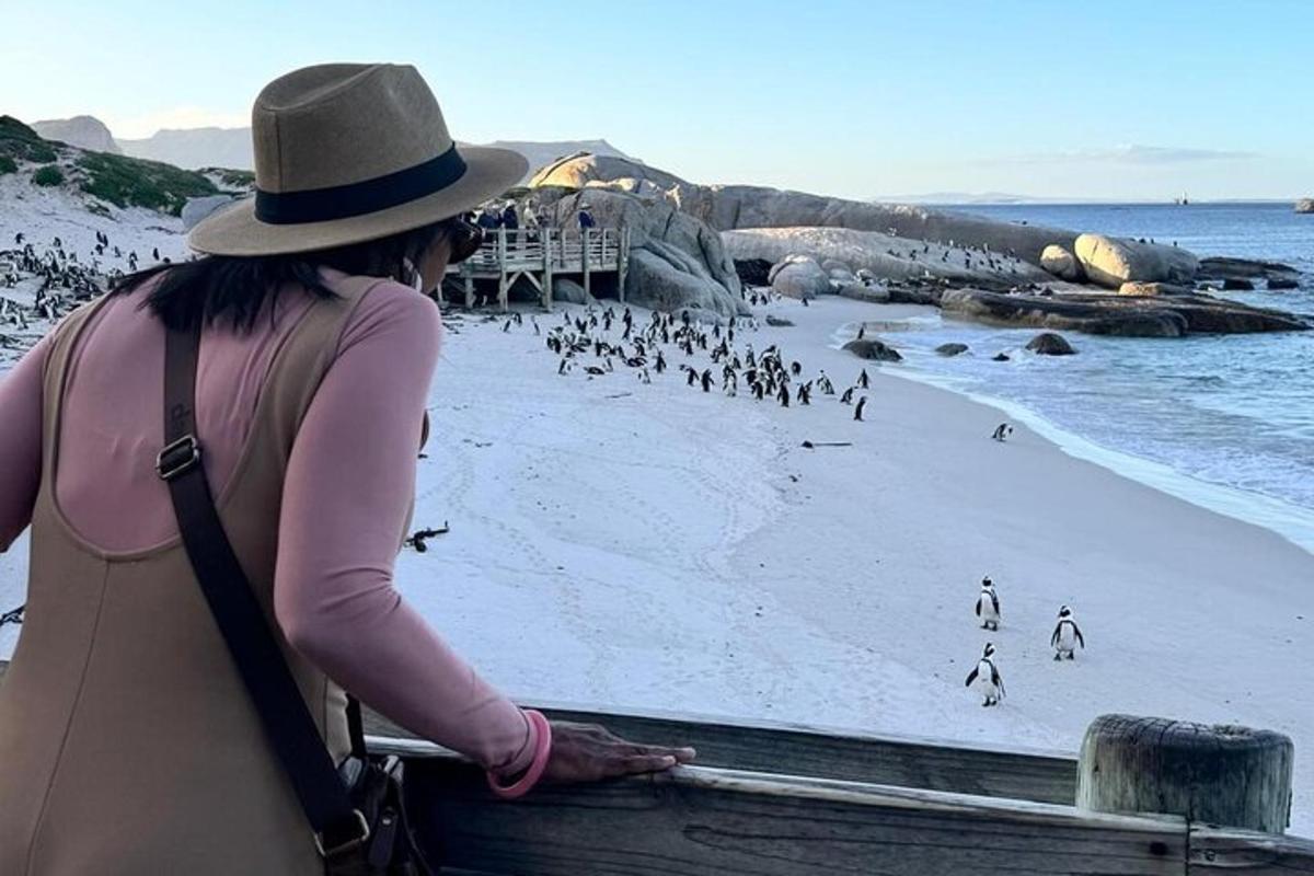 kona situr á bekk og horfir á strönd