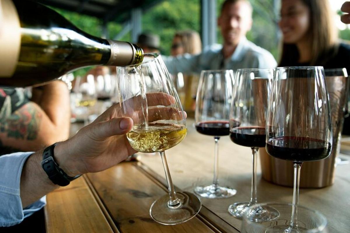 a person pouring white wine into a wine glass