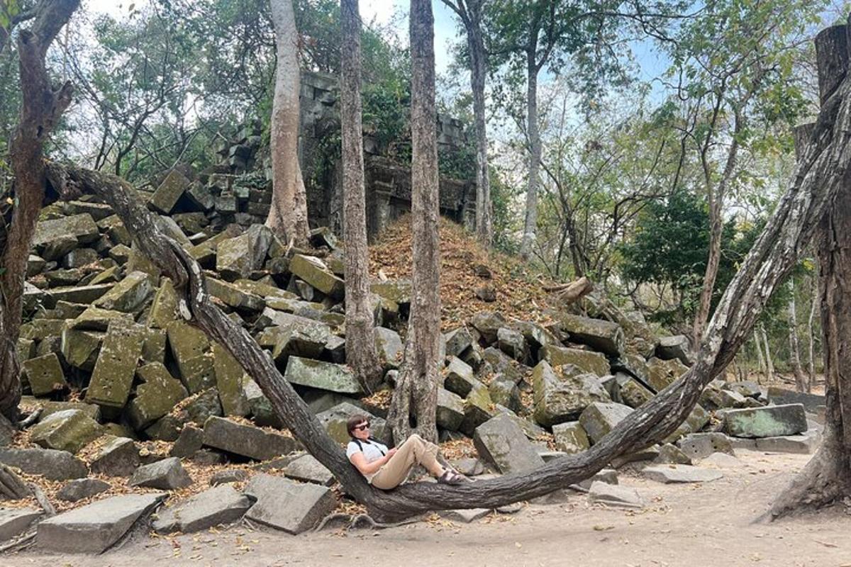 uma mulher sentada em um galho de árvore sobre uma pilha de pedras