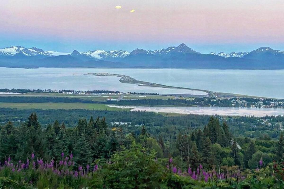 a view of a large body of water with mountains