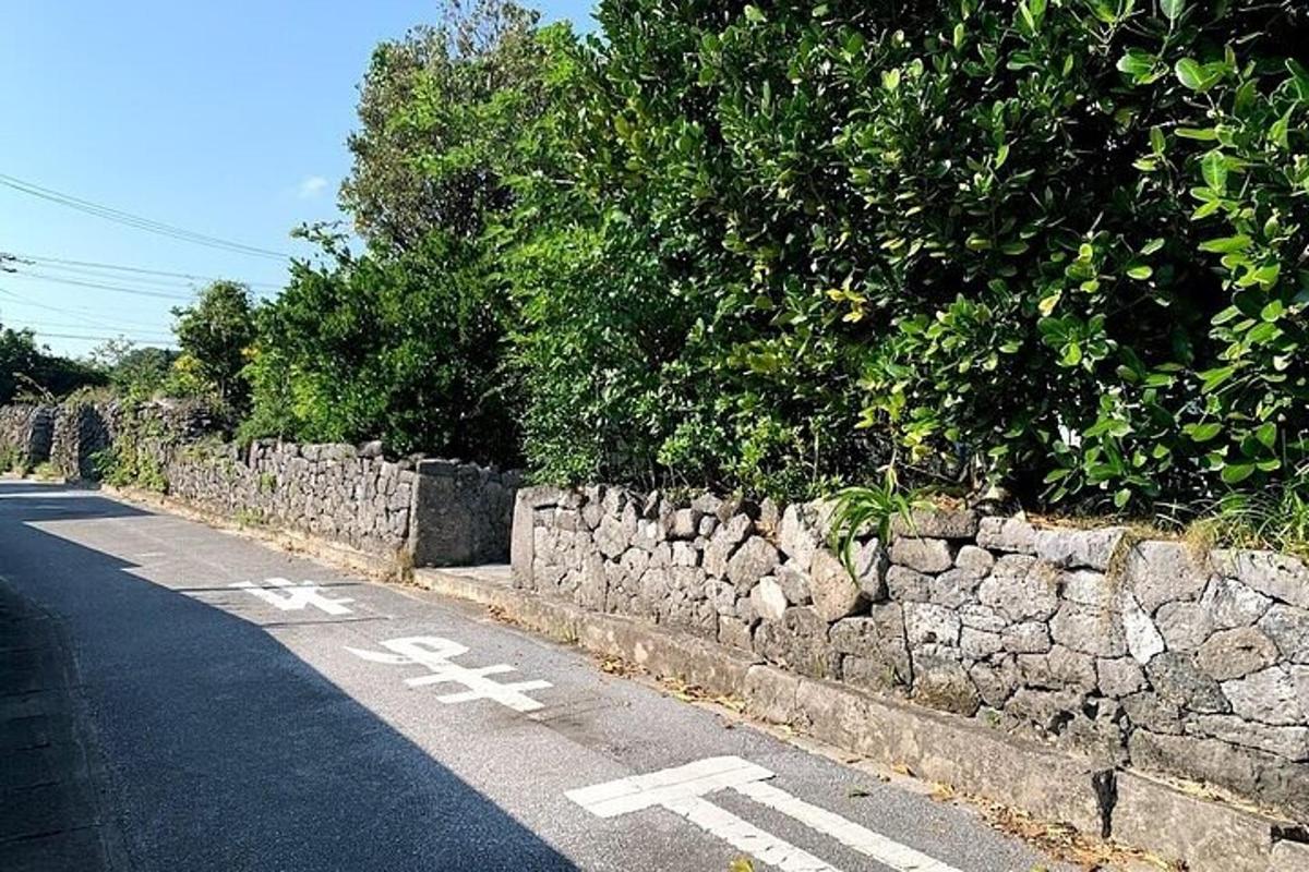 a stone wall next to a road with a bike lane