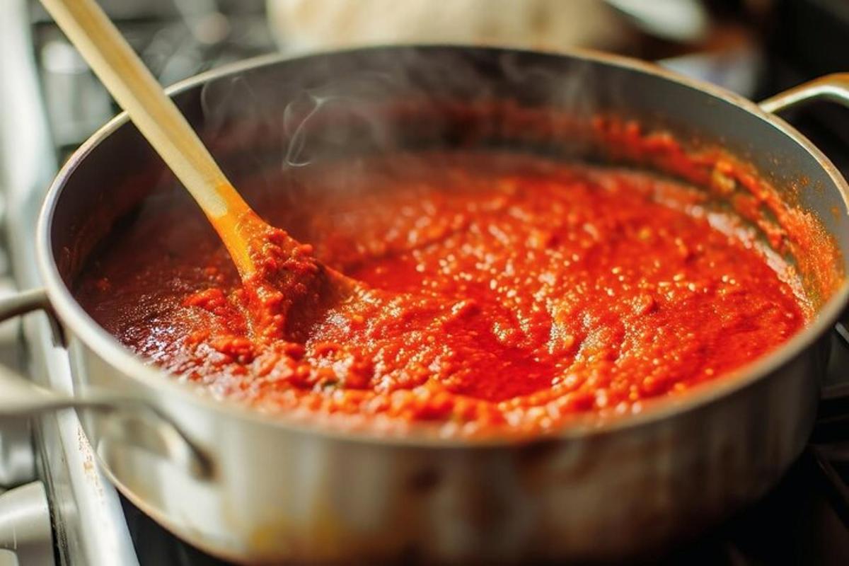Una olla de salsa de tomate que se revuelve con una cuchara de madera.