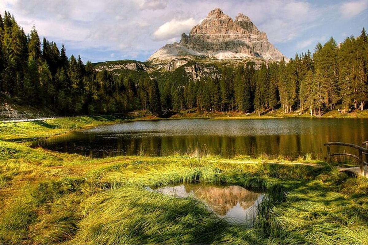 eine Bergspiegelung in einem See mitten in einem Wald