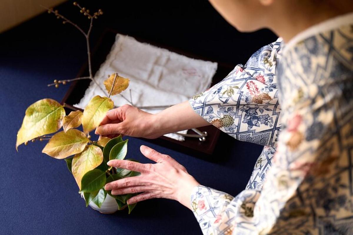 seorang wanita memegang pokok di atas meja