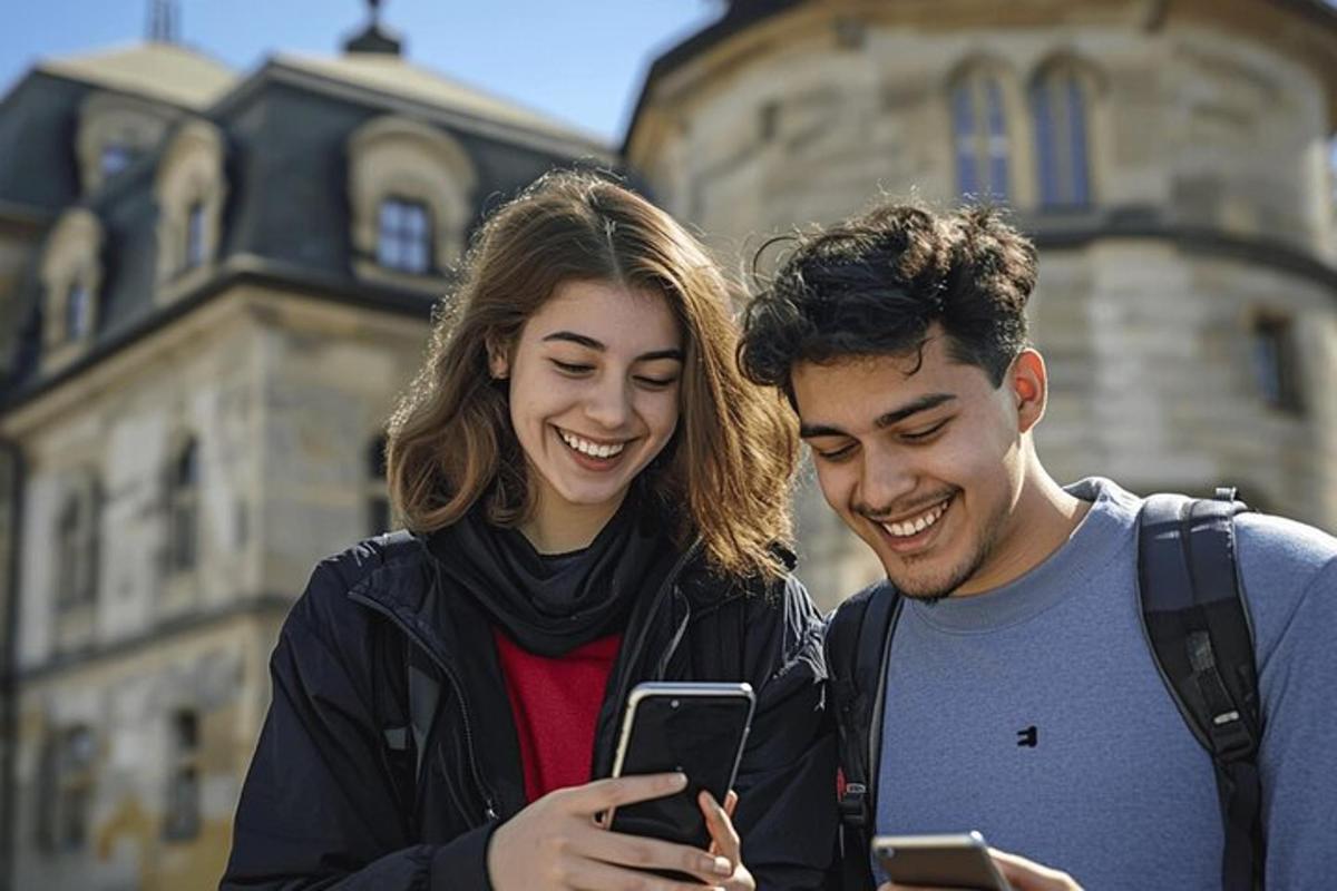 a man and a woman looking at a cell phone