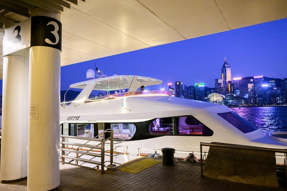 a large white boat parked on the water at night