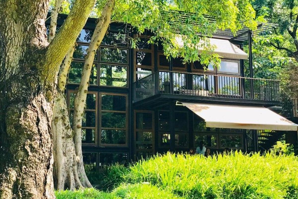 un grande edificio con un balcone e un albero