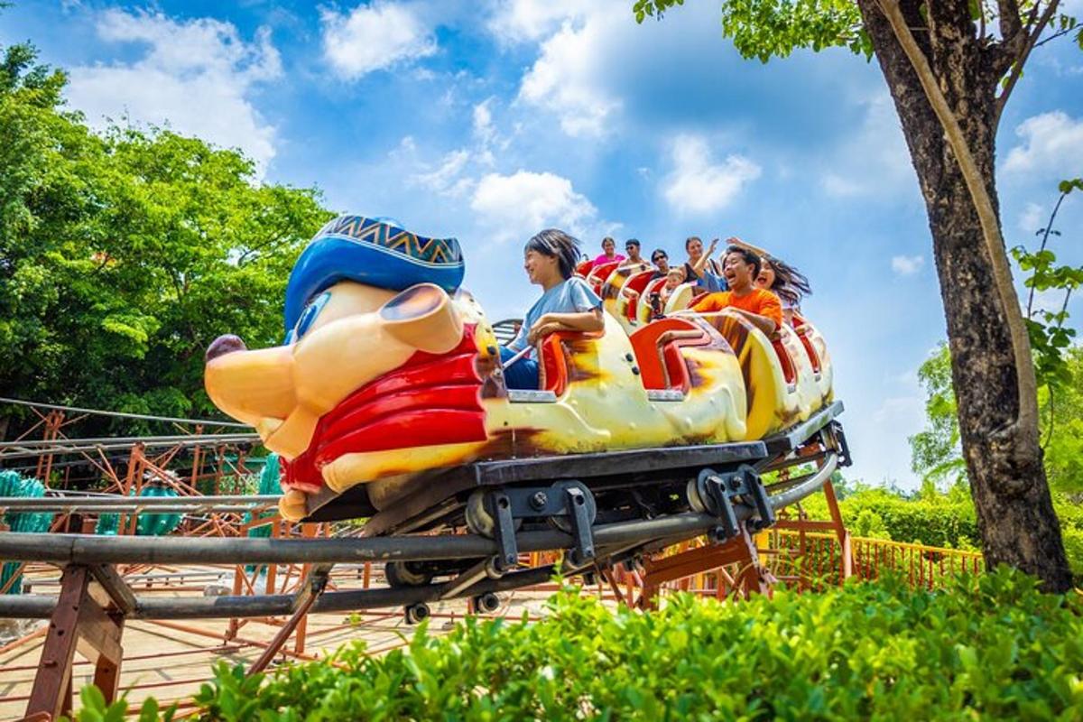a group of people riding a roller coaster at a theme park