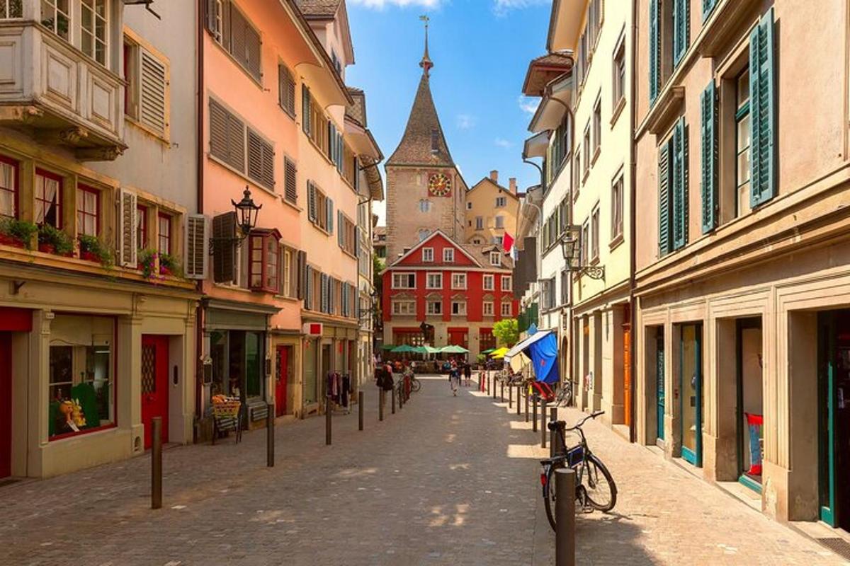 a city street with buildings and a bike parked on the street