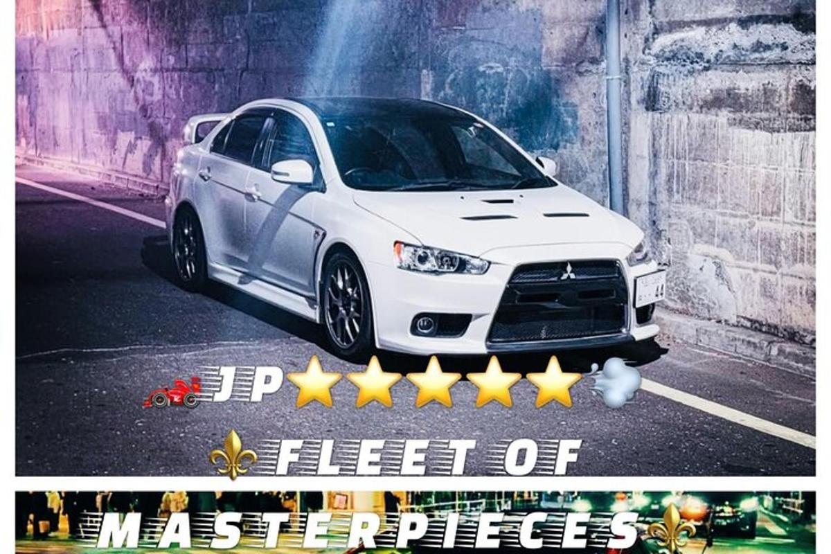 a poster of a white car with five stars