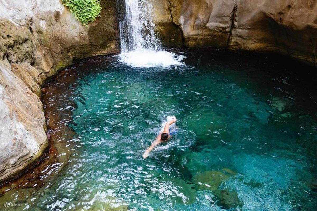 una persona nedant en una piscina amb una cascada