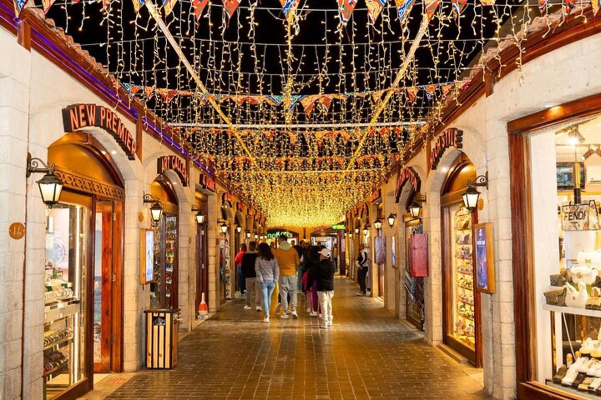 Una calle con gente caminando por una galería comercial.