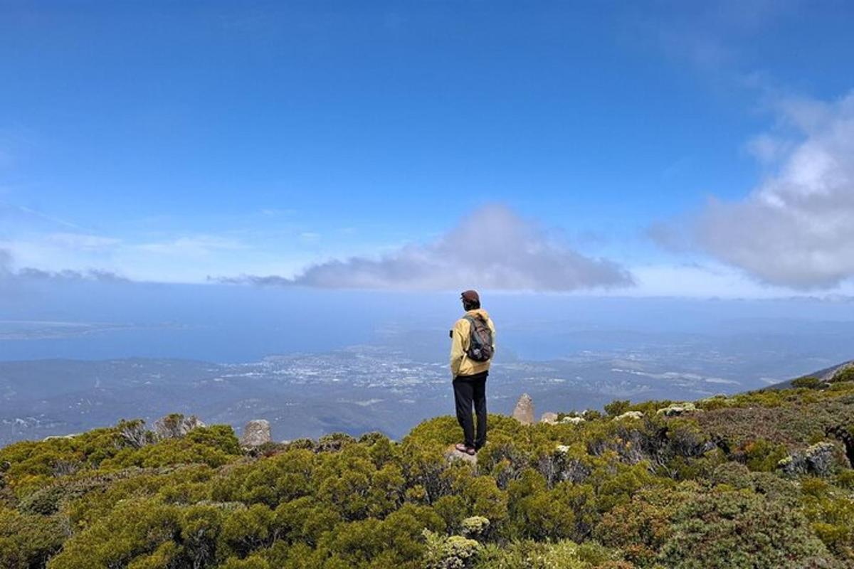 maður með bakpoka stendur á fjallstindi