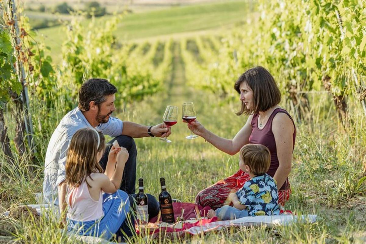 a family sitting in the grass with glasses of wine