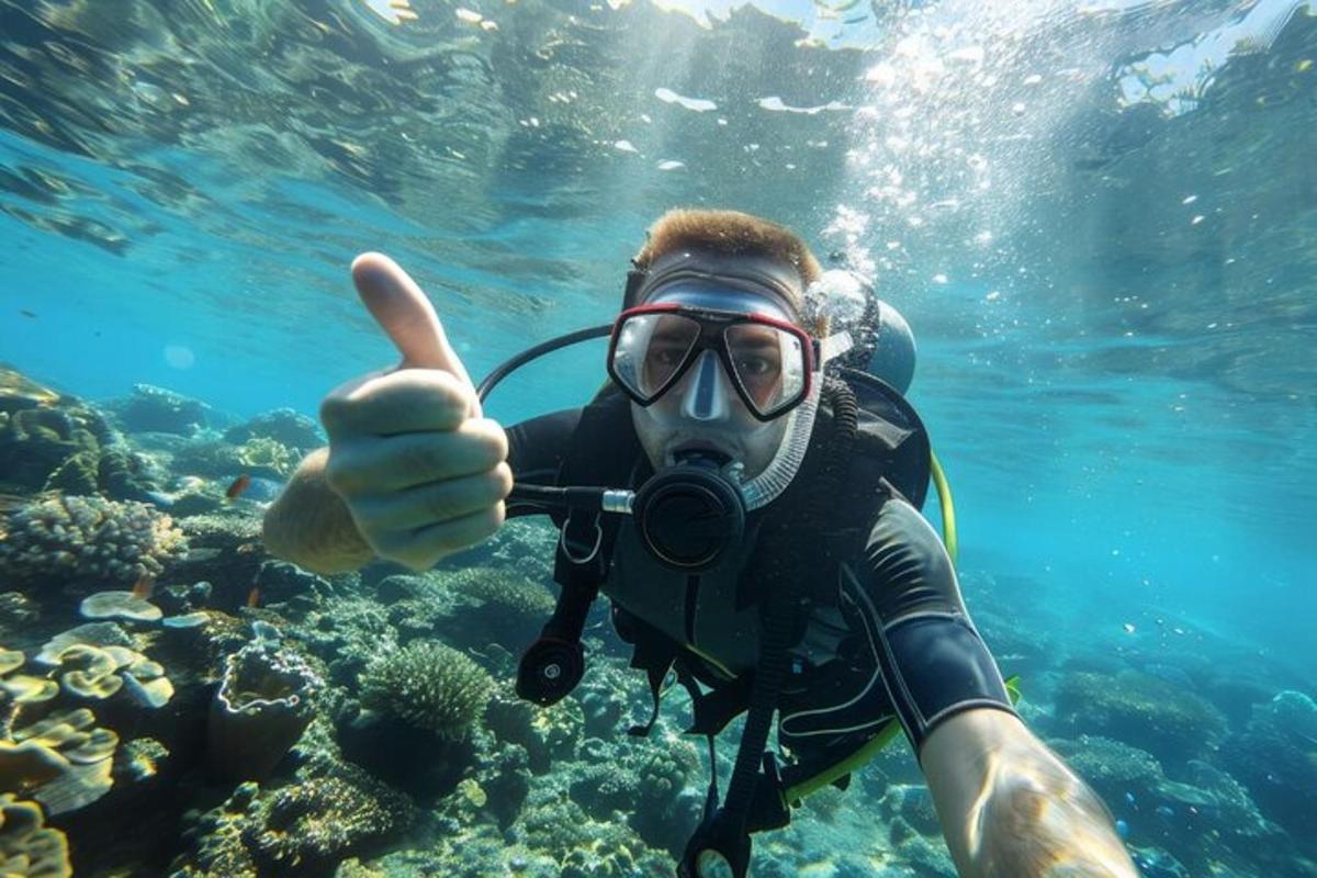 a man in a diving mask giving a thumbs up