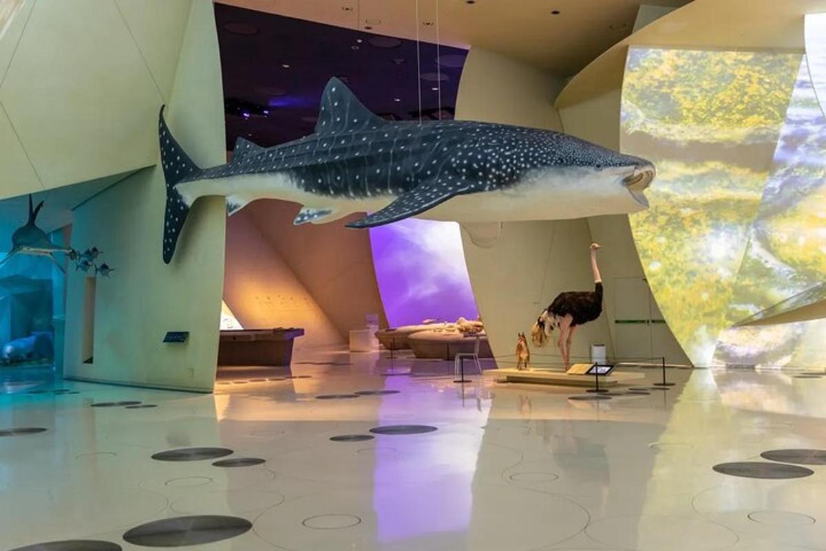 a large shark hanging from the wall of a room with a person and a woman