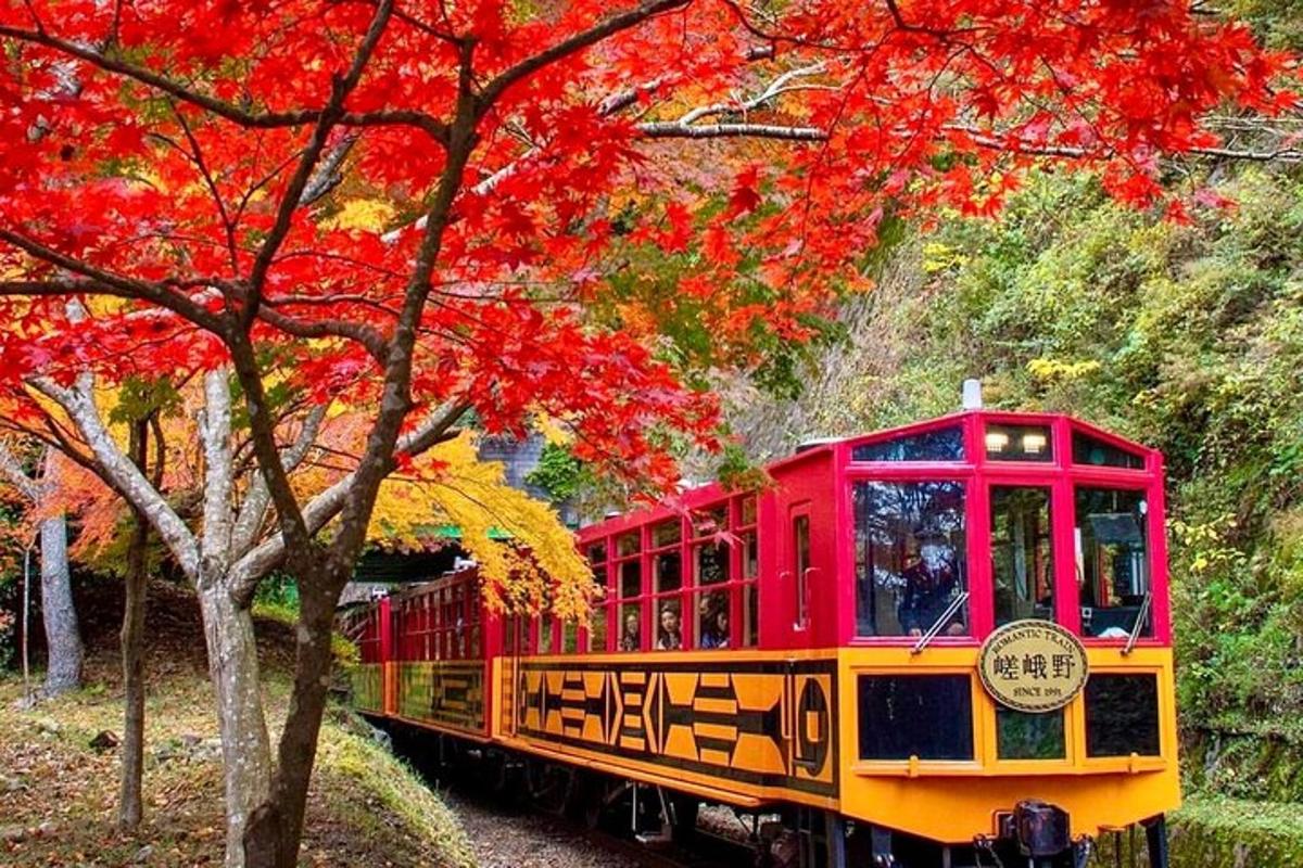 un tren vermell i groc sobre una via al costat d'un arbre