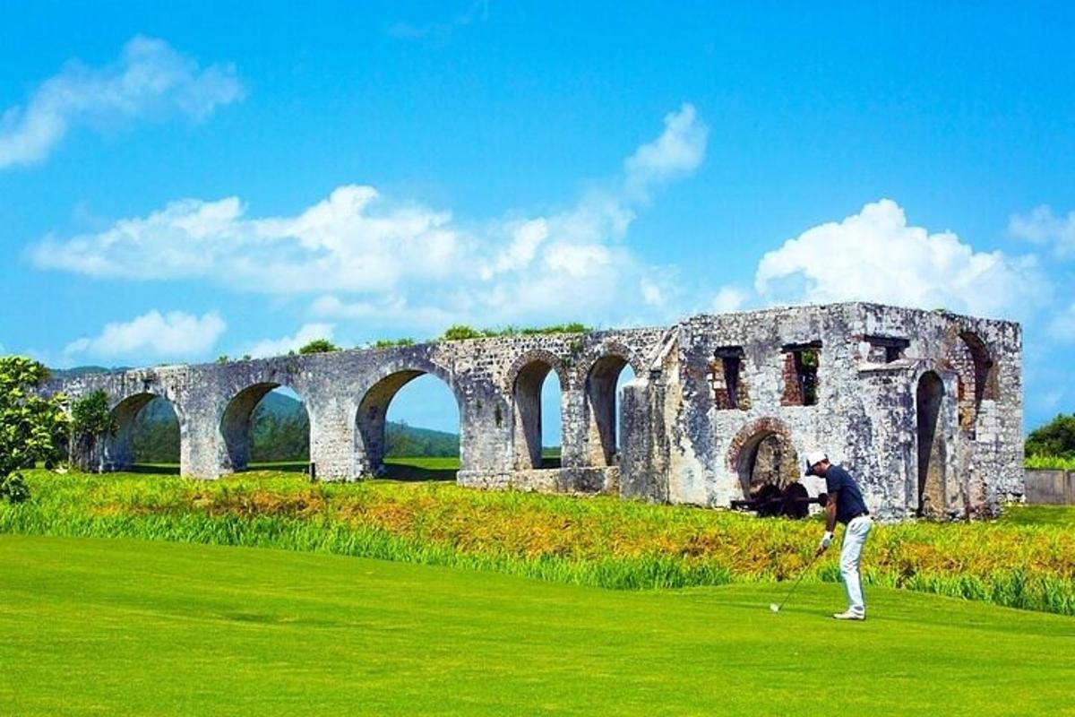 vyras žaidžia golfą priešais tiltą