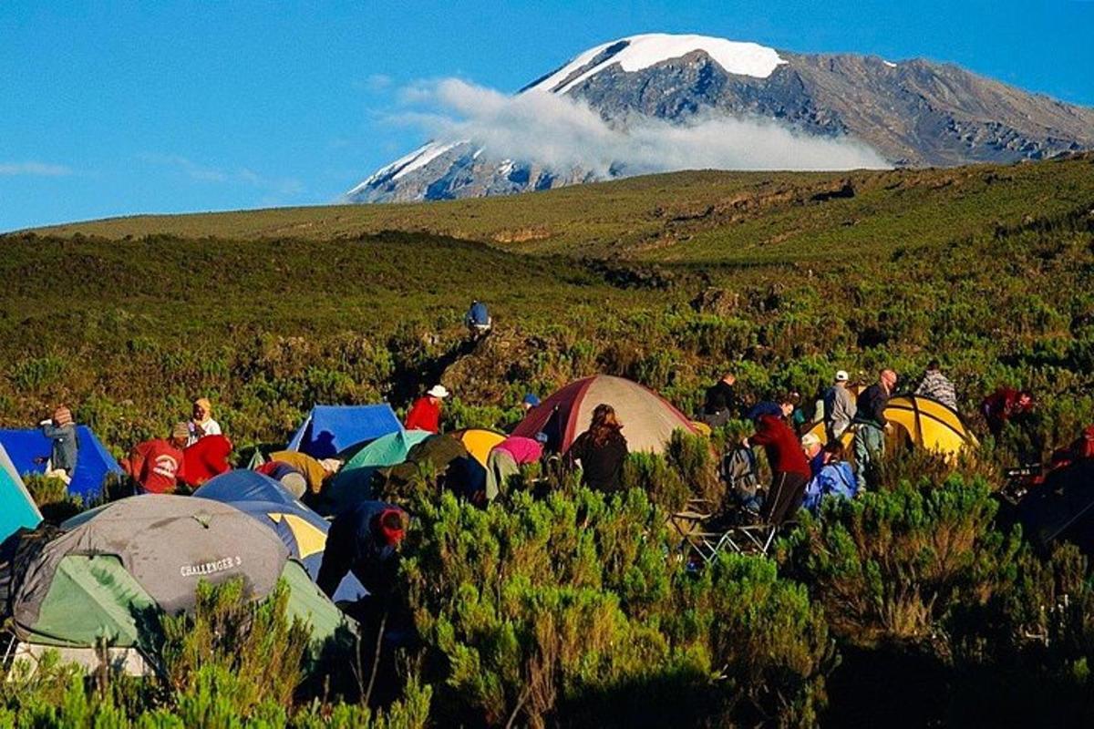 sekelompok orang dengan tenda dan gunung yang tertutup salju