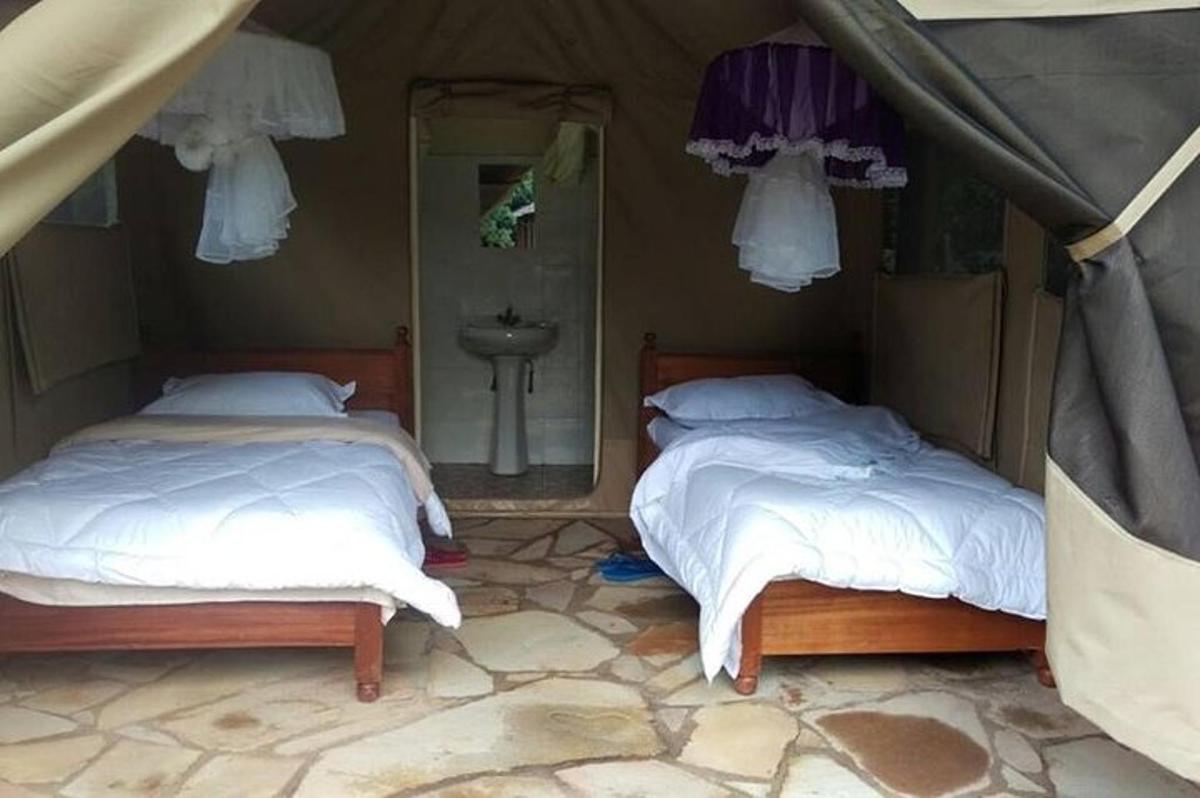 a bedroom with two beds and a sink and a mirror