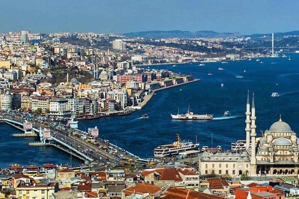 una vista aerea di una città con una moschea e l'acqua