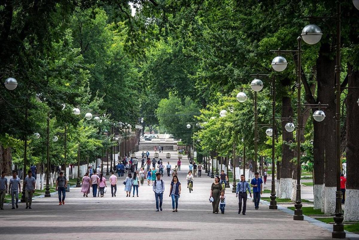 a group of people walking down a street in a park