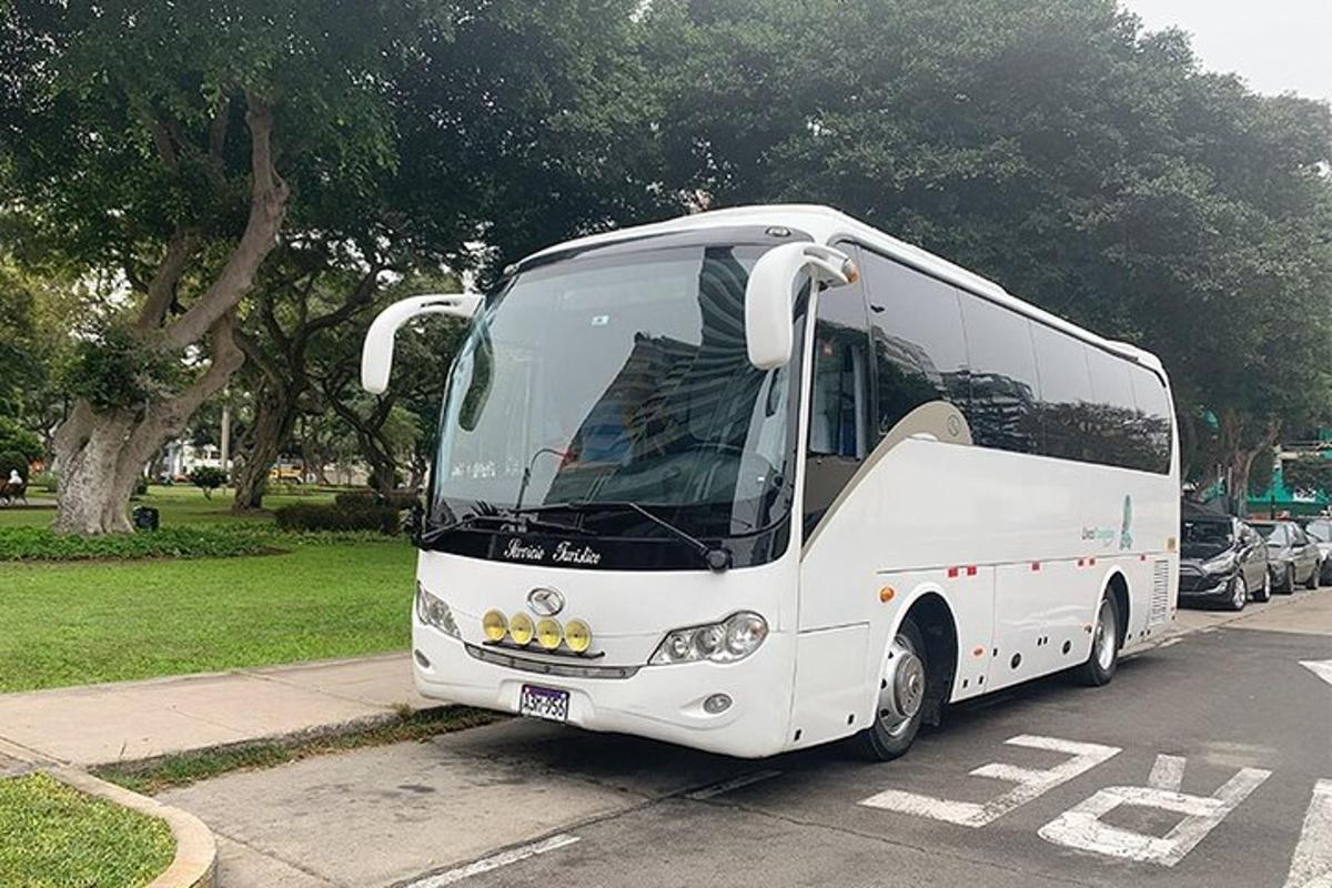 um ônibus branco estacionado na beira de uma rua