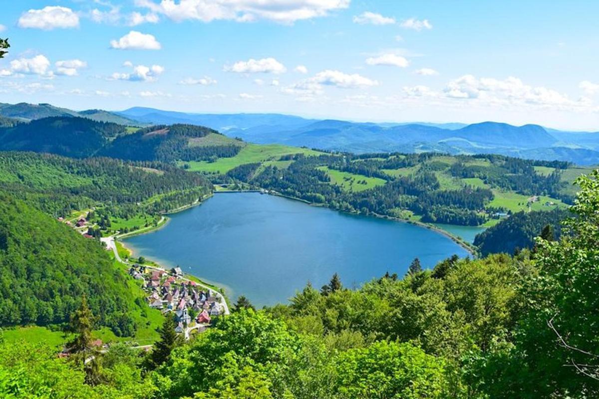 a view of a lake in the mountains