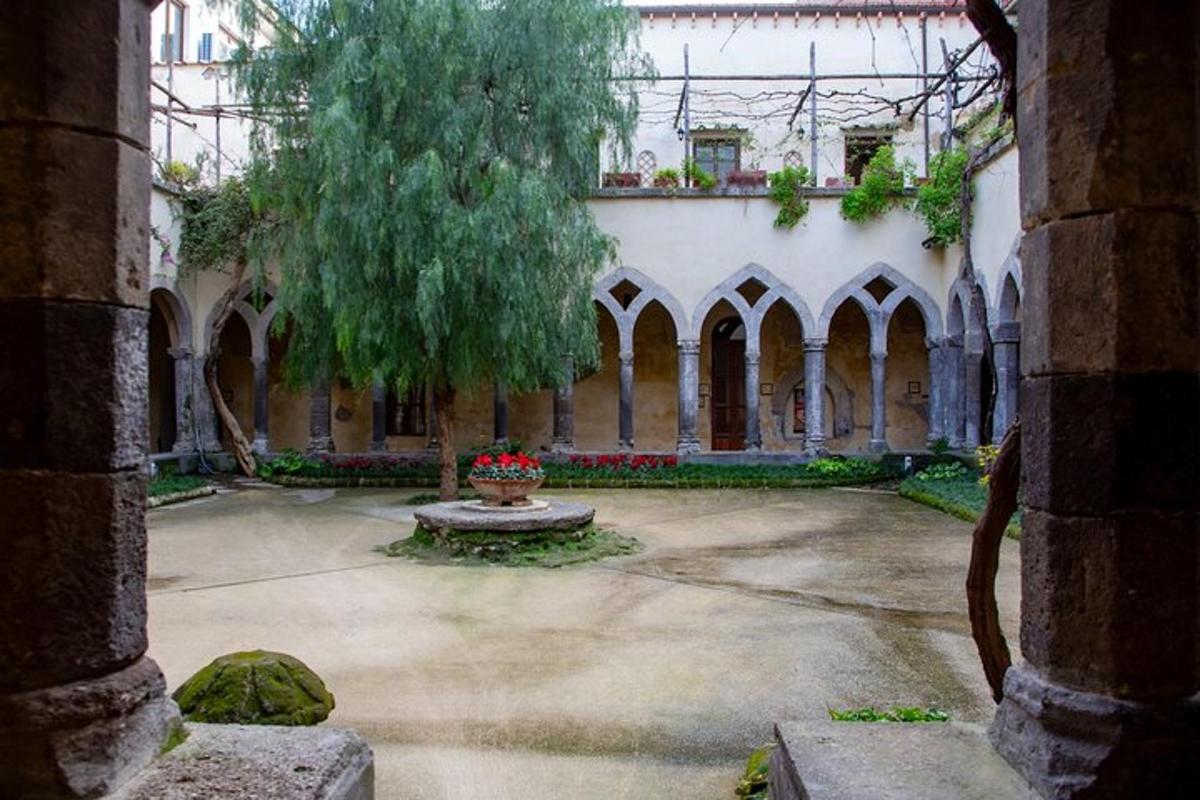 an empty courtyard with a tree and a building
